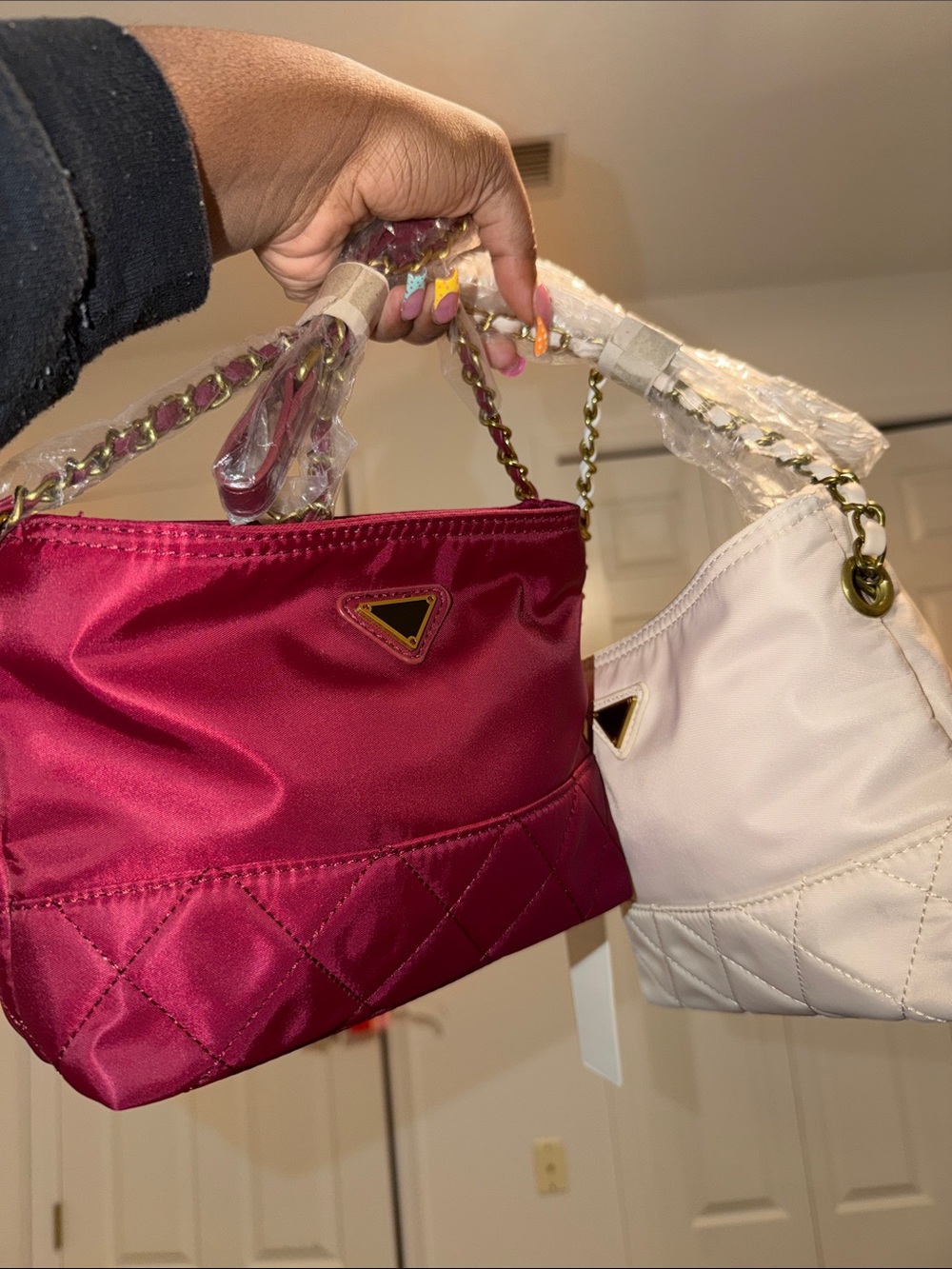 Women's Fashion Quilted Satin Shoulder Bag - Pink & White